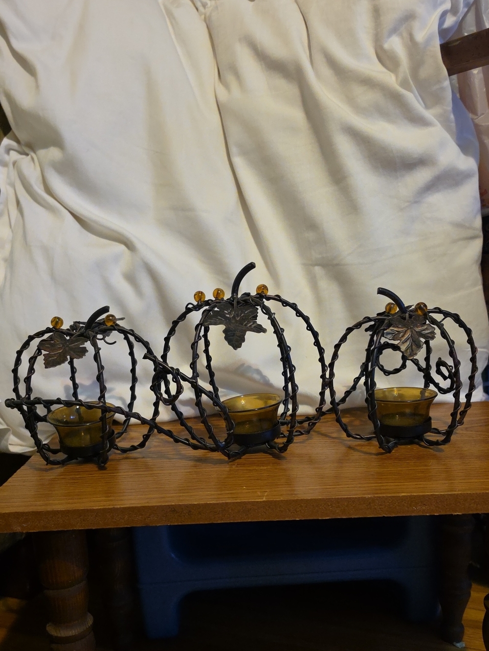 Rustic Black Metal Pumpkin Tea Light Set with Amber Glass Cups